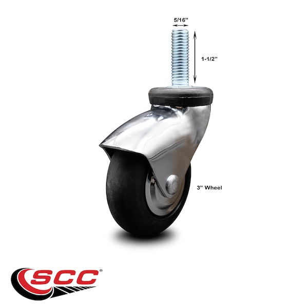 3 Inch Bright Chrome Hooded Neoprene Rubber 5/16 Inch Threaded Stem Caster SCC